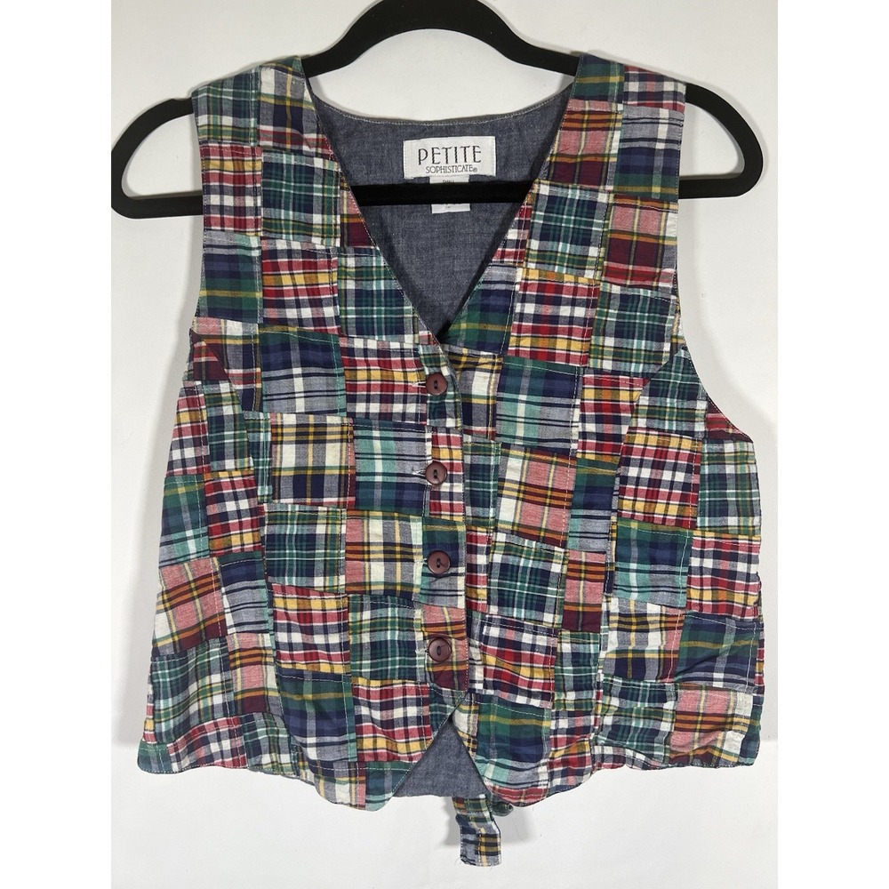 Colorful Plaid Patchwork Vest 90s Retro Petite Sophisticate Size S  Grandma Core